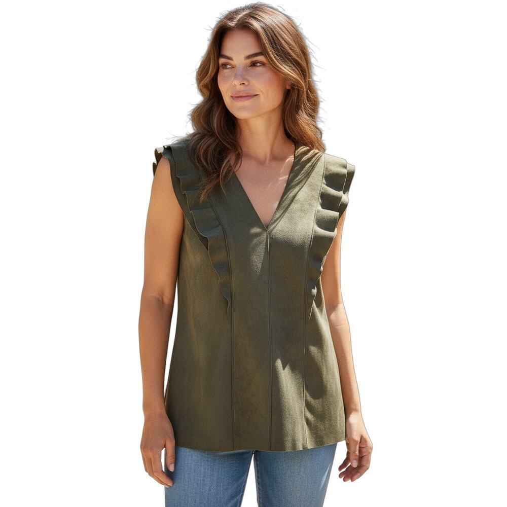 Bailey 44 Green V Neck Sleeveless Ruffle Top size Large